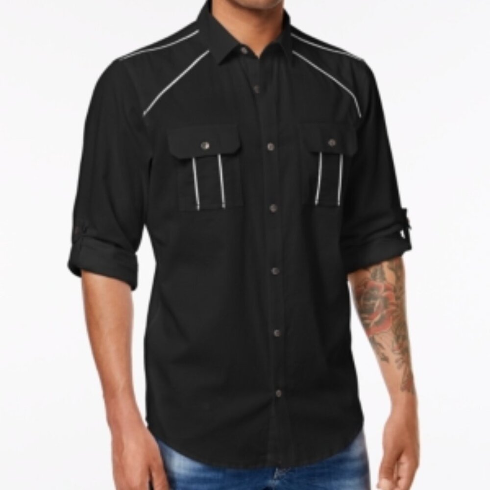 INC Men S Piped Cotton Shirt Deep Black or White Pure-Small (Black) New With Tag